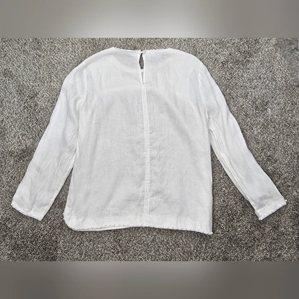 J. Crew White Linen Fringe French Knot Boxy Beachy Long Sleeve Top sz 10